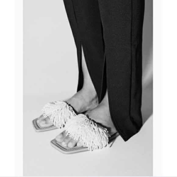 Zara Blue and Cream Beaded Slide Sandals - Picture 2 of 3